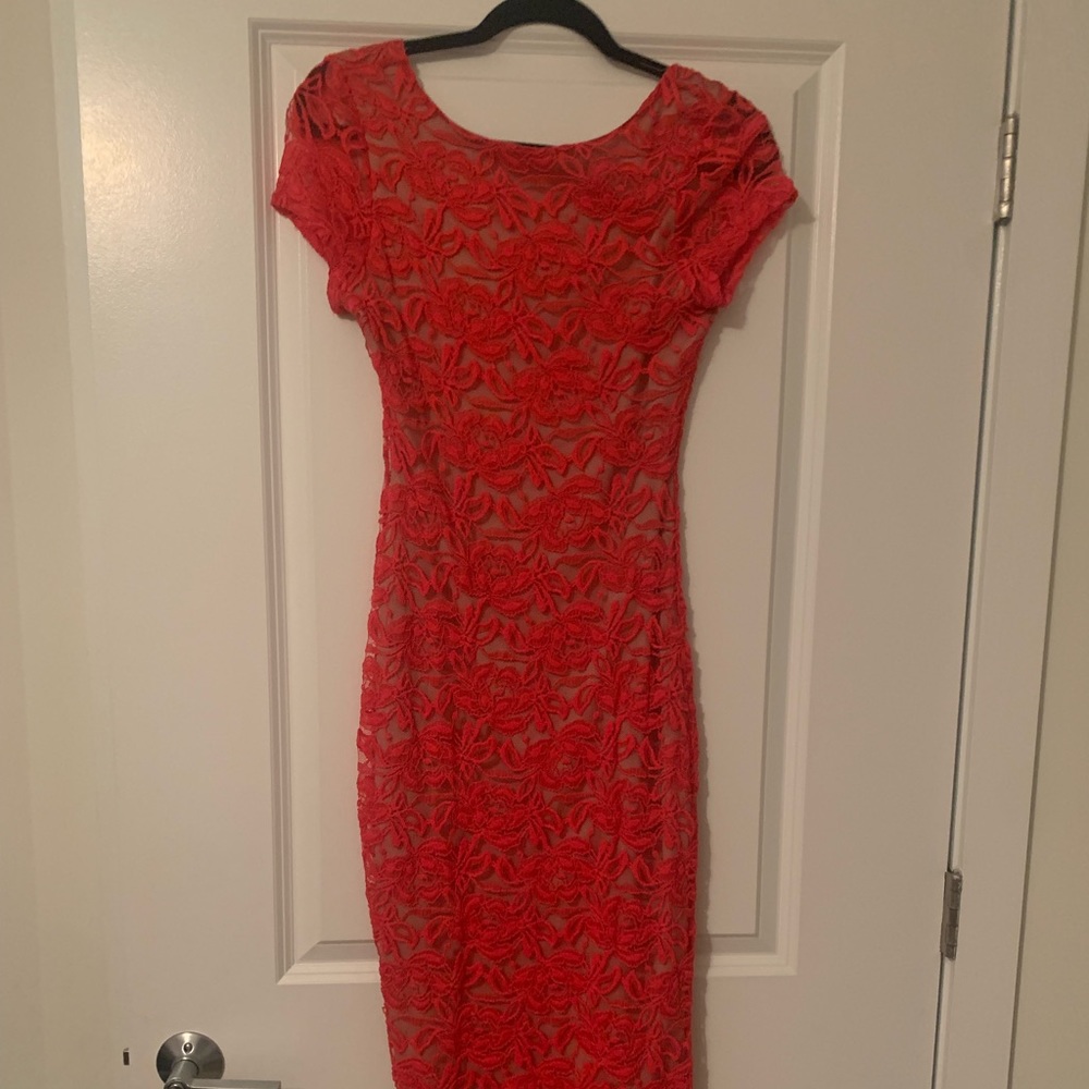 Peach lace body con dress